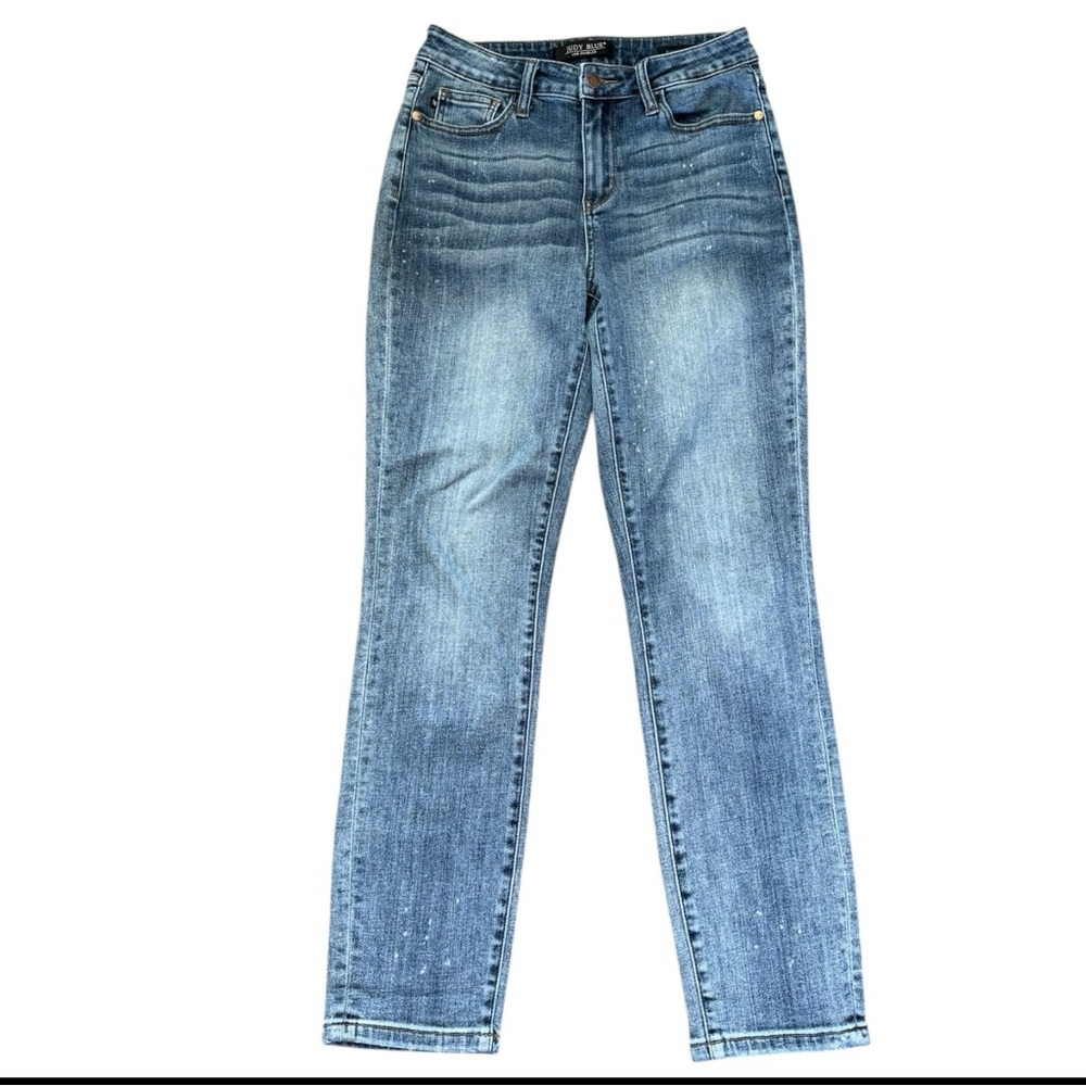 Judy Blue Jeans Womens 27 Boyfriend Fit  Stretch Blue Denim Bleach Dot Print.